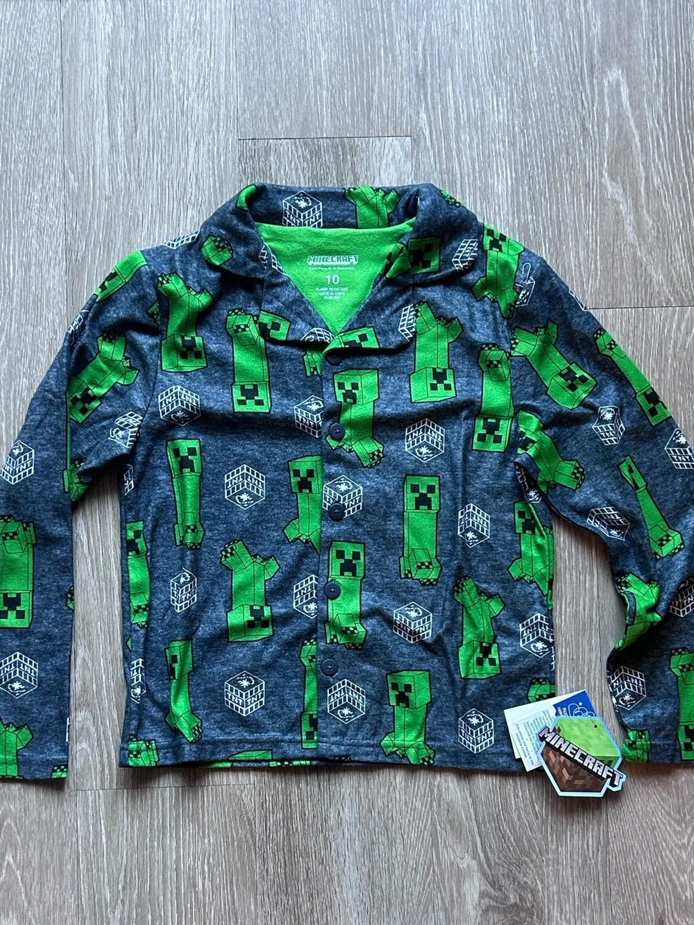 NWT Minecraft Boys Button Up Pajama Set Creeper Grey Green Size 10